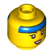 Minifig Head, Blue Sweatband, Dark Pink Lips, Small Open Mouth Smile / Closed Eyes Lopsided Grin print Gelb