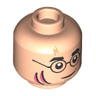 Minifig Head Harry Potter, Black Glasses, Black/Coral Gills, Lightning Scar, Neutral/Angry Clenched Teeth print Light Nougat