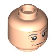 Minifig Head Bilbo, Dark Bluish Grey Eyebrows, Wrinkles, Neutral, Closed Mouth/Open Mouth Scream/Hiss, Tan Teeth print Light Nougat