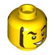 Minifig Head Rocket Racer, Dark Brown Eyebrows, Goatee, and Sideburns, Open Mouth Smile / Wink Print Gelb