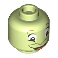 Minifig Head Jiminy Cricket, Flat Nose, White Eyes, Open Mouth, Orange Tongue print Gelbgrün