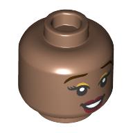 Minifig Head Indira, Dark Brown Eyebrows, Dark Red Lips, Lopsided Smile/Open Mouth Smile Medium Brown