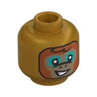 Minifig Head Albert, Dark Orange Hair, Dark Tan Monkey Face, Dark Turquoise Eyeshadow Print Perlgold