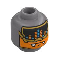 Minifig Head Silver / Gold Horned Demon, Visor with Music Equalizer, Orange Face with Gold Trim / Dark Azure Face with Silver Trim Print Flat Silver