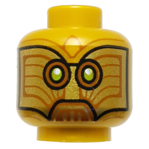 Minifig Head Temple Guard, Droid, Dark Orange/Lime Eyes, Lines Perlgold