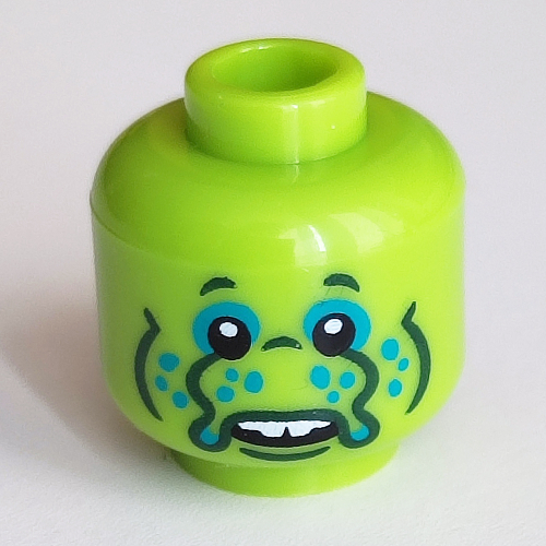 Minifig Head Alien, Dark Turquoise Eyeshadow, Spots, Dark Green Tentacles for Nose, Lines print Limette