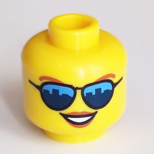 Minifig Head Dark Orange Eyebrows, Lips, Sunglasses with Skyline Reflection Yellow