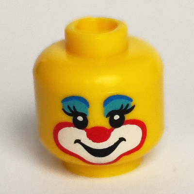 Minifig Head Clown, Blue Eye Shadow, Red Nose, White Mouth with Red Outline, Smile / Left Eye Closed Print Gelb