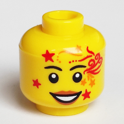 Minifig Head, Peach Lips, Red and Orange Stars and Ornaments Face Paint and Smile Print Yellow