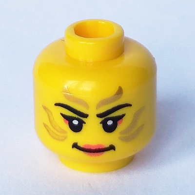 Minifig Head, Face Paint with Gold Painted Lines, Coral Mascara, Smile and Coral Lips Print Yellow