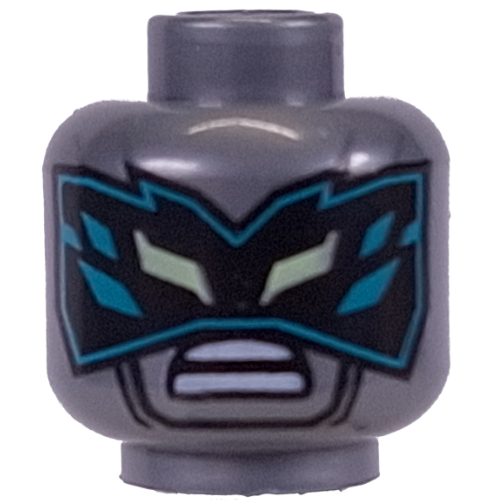 Minifig Head Zane, Robot Black and Dark Azure Eyemask, Angry Grin / Silver Eyes, Black Lines print Mattsilber