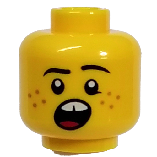 Minifig Head Newspaper Kid, Freckles, Open Mouth Screaming, Teeth print Yellow