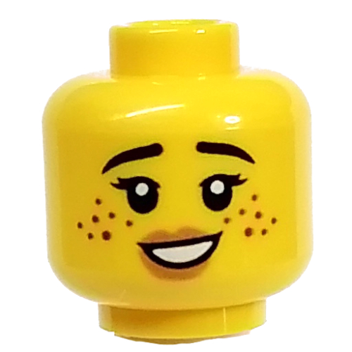 Minifig Head Potter, Freckles, Pink Lips, Nervous with Clenched Teeth / Happy with Open Teeth print Gelb