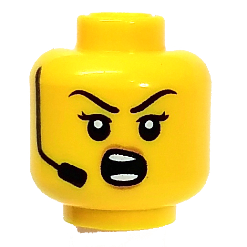 Minifig Head Headset Crooked Smile/Angry Shout print Yellow