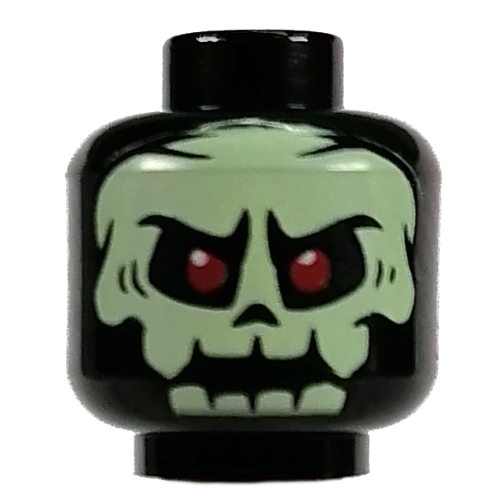 Minifig Head Bone Guard / Knight / Warrior, Yellowish Green Skull, Red Eyes print Black