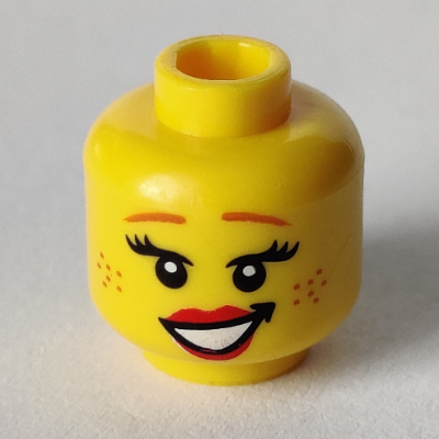 Minifig Head Cowgirl, Thin Dark Orange Eyebrows, Eyelashes, Freckles and Red Lips Print Yellow