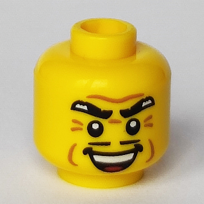 Minifig Head Gangster, Thick Eyebrows, Thin Moustache, Cheek Dimples, and Sinister Open Smile Print Gelb