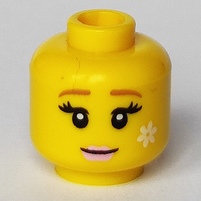 Minifig Head Fairy, Dark Orange Eyebrows, Eyelashes, White Flower, Pink Lips Print Yellow
