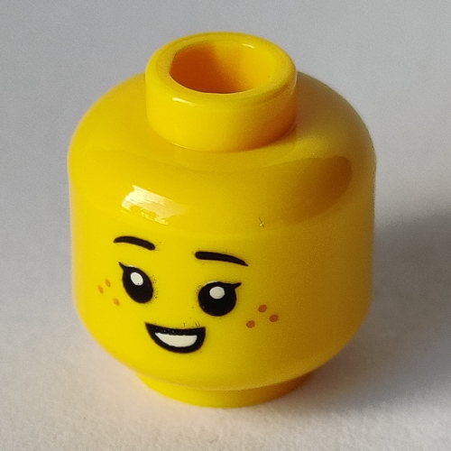 Minifig Head, Eyelashes, Freckles, Crooked Smile / Open Mouth Smile print Yellow