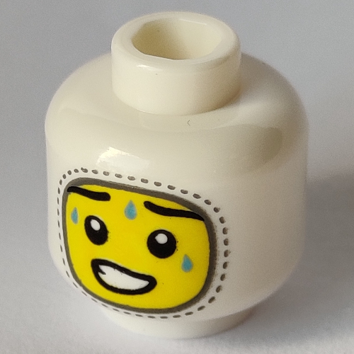 Minifig Head, Balaclava, Sweat Beads, Crooked Smile (Cringe) print White