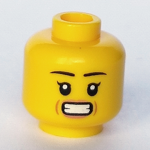 Minifig Head, Eyelashes, Pink Lips, Open Mouth Smile / Clenched Teeth print Gelb
