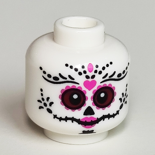 Minifig Head Skeleton, Dark Pink Round Eyes, Heart, Black Decorations print Weiß