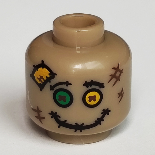 Minifig Head Scarecrow, Yellow and Green Buttons for Eyes, Stitched Mouth Print Dark Tan