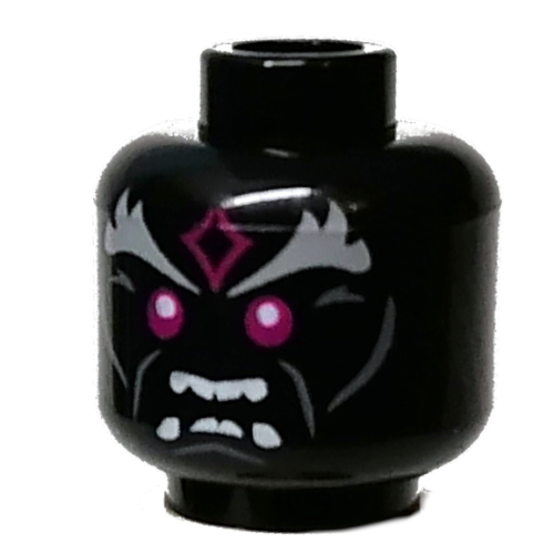 Minifig Head Vangelis, Purple Eyes, Light Bluish Gray Markings, White Fangs Print Black