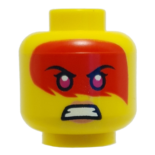 Minifig Head Harumi, Magenta Eyes, Red Paint Across Eyes, Peach Lips, Smile / Angry Print Yellow
