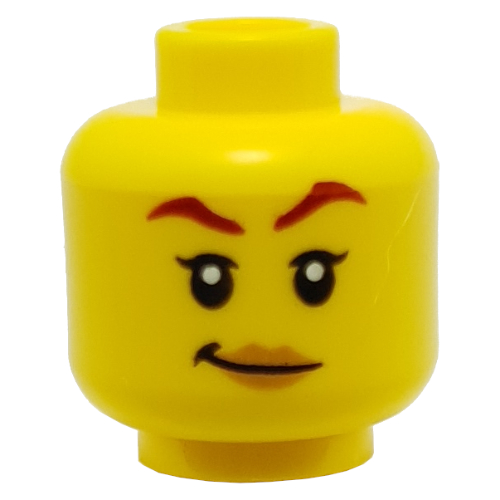 Minifig Head Skylor, Dark Red Eyebrows, Peach Lips Smile / Angry with White Face Paint Print Yellow