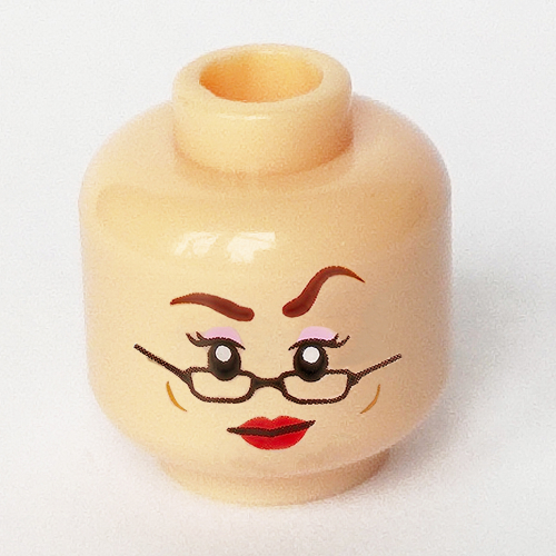Minifig Head Rita Skeeter, Thin Semi-circle Glasses, Raised Left Eyebrow, Red Lips, Cheek Lines, Smile / Frown Print Light Nougat
