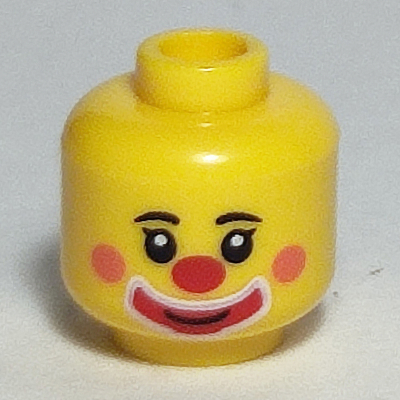 Minifig Head Clown, Dark Pink Cheeks, Red Nose, Red Mouth with White Outline Print Yellow