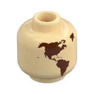 Minifig Head (No Face), Reddish Brown World Map with Japan, Hawaii print Beige