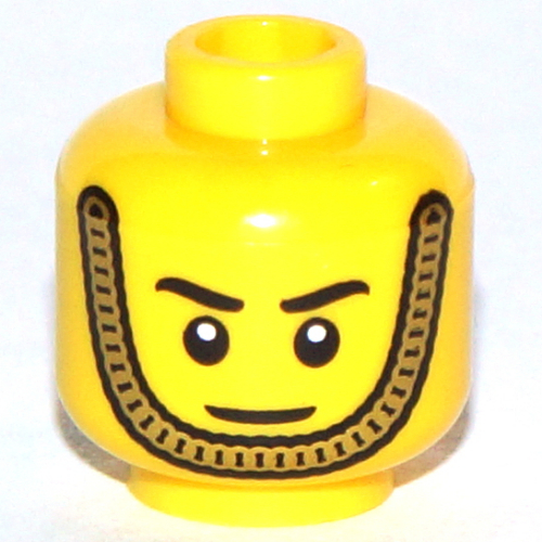 Minifig Head Royal Guard, White Pupils, Gold Chin Strap, and Smile Print Yellow