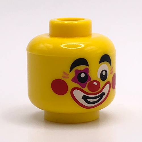 Minifig Head Clown, Thick Eyebrows, Red Cheeks, Nose and Star on Eye Make-up, White Mouth with Red Outline Print Gelb