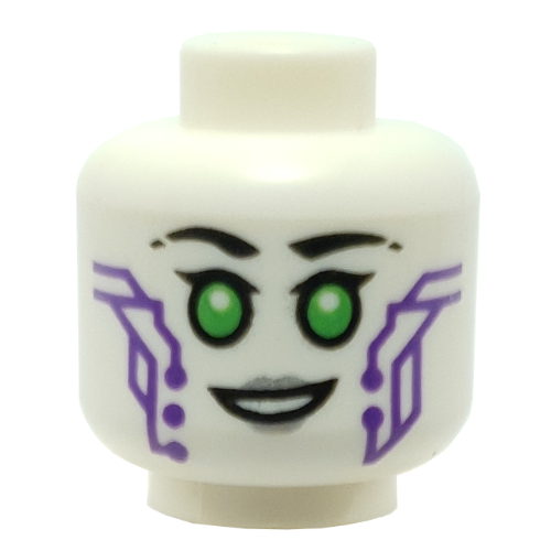 Minifig Head P.I.X.A.L, Green Eyes, Dark Purple Circuitry print White
