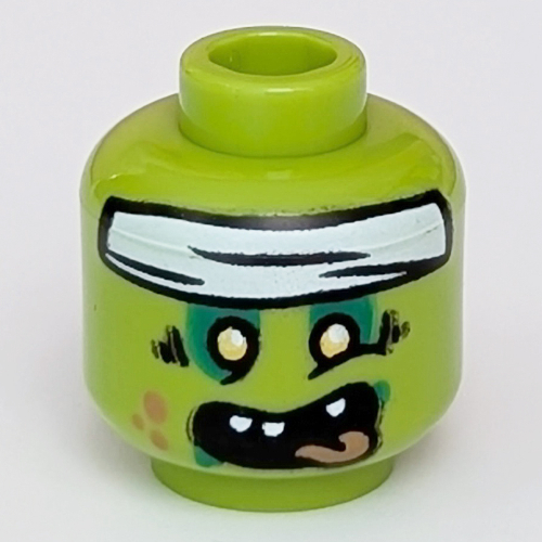 Minifig Head, Yellow Eyes, Dark Green Eye Shadow, Coral Spots, Open Mouth, Tongue, White Bandanna/Bandage print [Hollow Stud] Limette