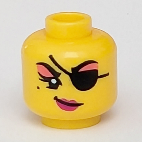 Minifig Head, Pink Eye Shadow, Freckle, Black Eye Patch print [Hollow Stud] Yellow