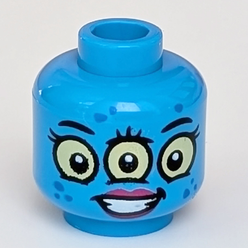 Minifig Head, 3 Yellow Eyes, Red Lips, Smile print [Hollow Stud] Dunkelazur