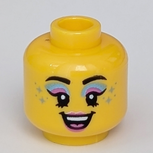 Minifig Head, Dark Pink/Dark Turquoise Eye Shadow, Dark Turquoise Dots, Open Mouth print [Hollow Stud] Yellow