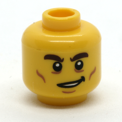 Minifig Head, Dark Brown Eyebrows, Cheek Lines, Crooked Smile print Yellow