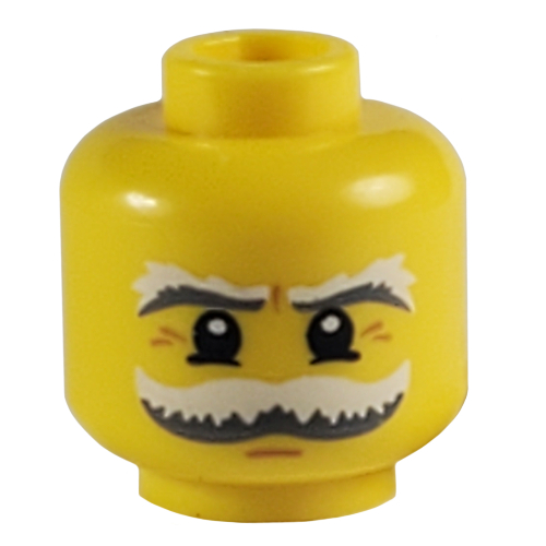 Minifig Head Pilot, Moustache and Eyebrows White and Gray Bushy, White Pupils and Crow's Feet Print Yellow