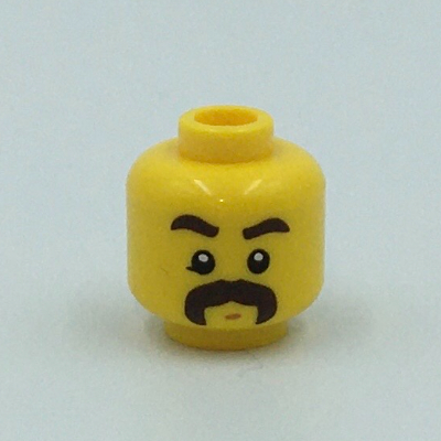 Minifig Head, Dark Brown Eyebrows, Moustache Thick, Chin Dimple, White Pupils print Yellow