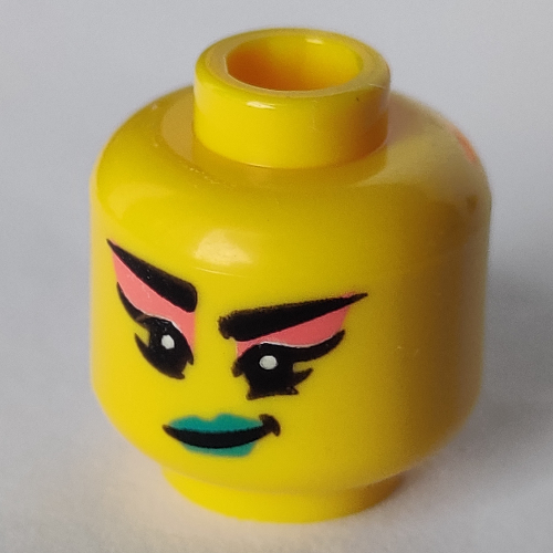 Minifig Head Mermaid Violinist, Dark Turquoise Lips, Coral Eye Shadow, Smirk print Gelb