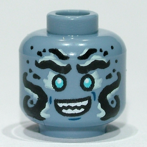Minifig Head Prince Benthomaar, Azure Eyes, Black Markings, Smile / Angry Print Sand Blue