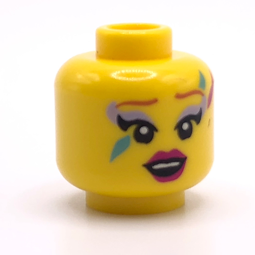 Minifig Head, Reddish Brown Eyebrows, Red Lips, Face Paint and Open Mouth / Smile Print Yellow
