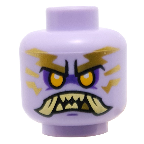 Minifig Head Chief Mammatus, Bright Light Orange Eyes, Tan Teeth and Fangs, Gold Lightning , Angry / Smile Print Lavendel
