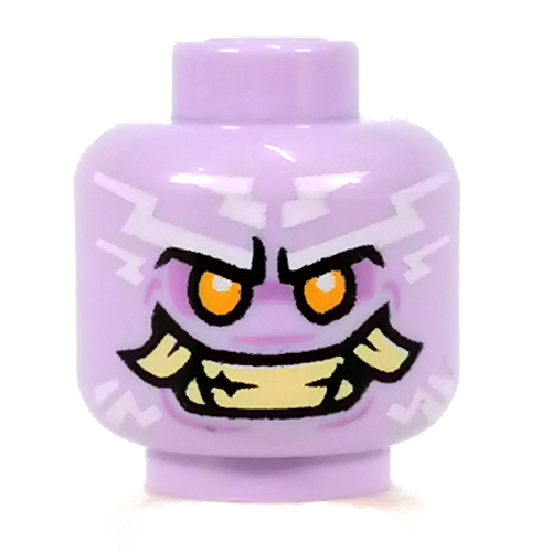 Minifig Head Poulerik / Thunder Keeper, Bright Light Orange Eyes, Tan Teeth Angry Smile, Fangs, White Lightning print Lavender