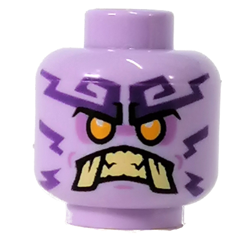 Minifig Head Poulerik / Rumble Keeper, Bright Light Orange Eyes, Tan Teeth, Fangs, Dark Purple Lightning print Lavendel