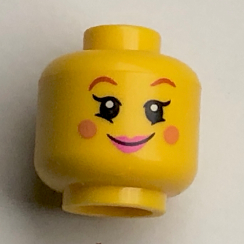Minifig Head, Reddish Brown Eyebrows, Nougat Cheeks, Pink Lips, Smile / Wink print Gelb